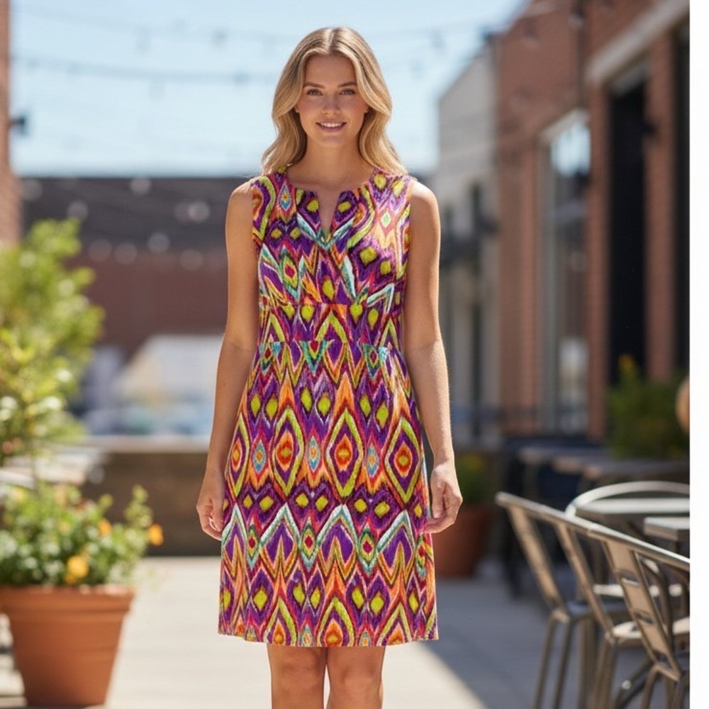 Jude Connally Bright XS Multicolor Ikat  Dress Geometric Split Neck Shift